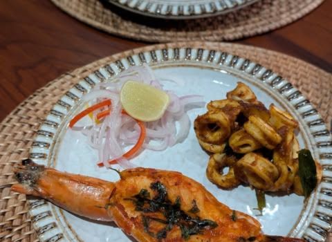 The Rice Boat Taj Malabar Resort Kochi masala grilled tiger prawns and squid ularthiyathu