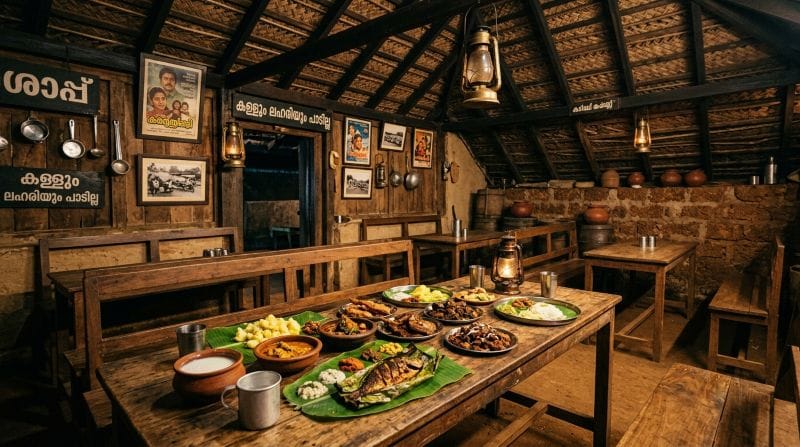 interior of a traditional rural toddy shop with food served